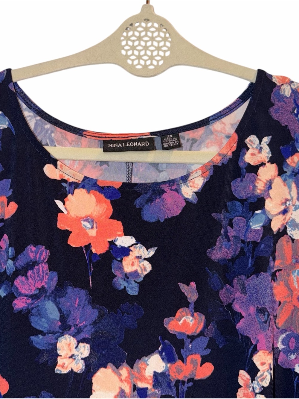 NINA LEONARD 2X Cold Shoulder Dress Pockets Navy Floral Bell Sleeve Boho Resort - Picture 6 of 9